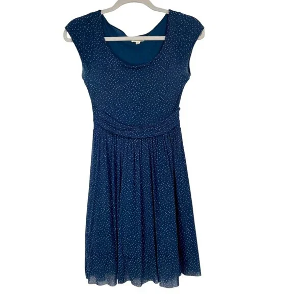 Anthropologie Weston Blue Polka Dot Chiffon Midi Dress XS Fit Flare - Picture 14 of 15